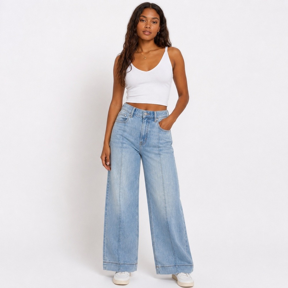American Eagle Wide Leg Jeans Women 6 Light Wash High Rise Front Seam Denim